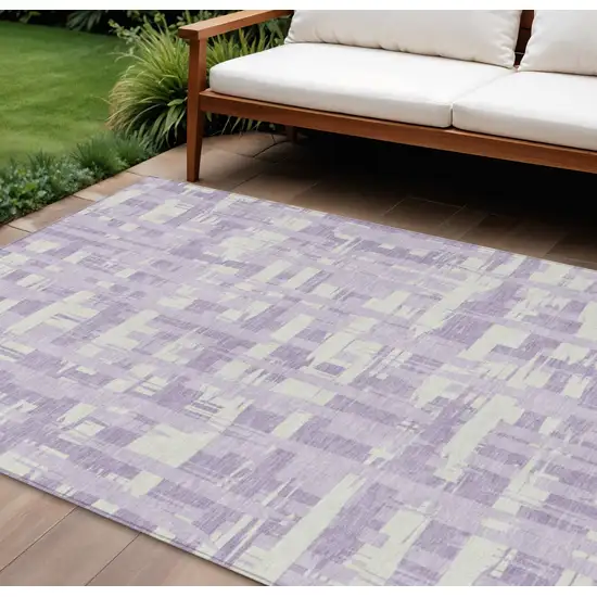 Lavender Lilac And Ivory Striped Washable Indoor Outdoor Area Rug Photo 2