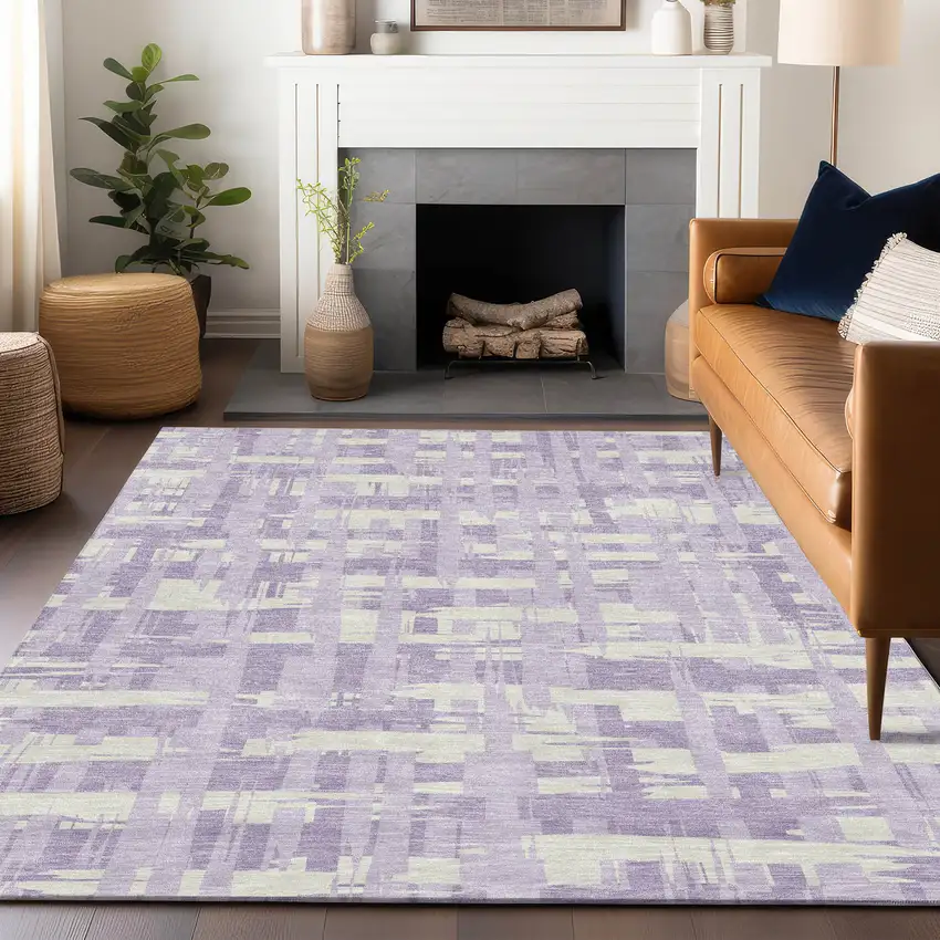 Lavender Lilac And Ivory Striped Washable Indoor Outdoor Area Rug Photo 6