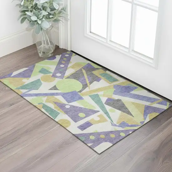Lavender Lime Green And Gold Geometric Washable Area Rug With UV Protection Photo 2