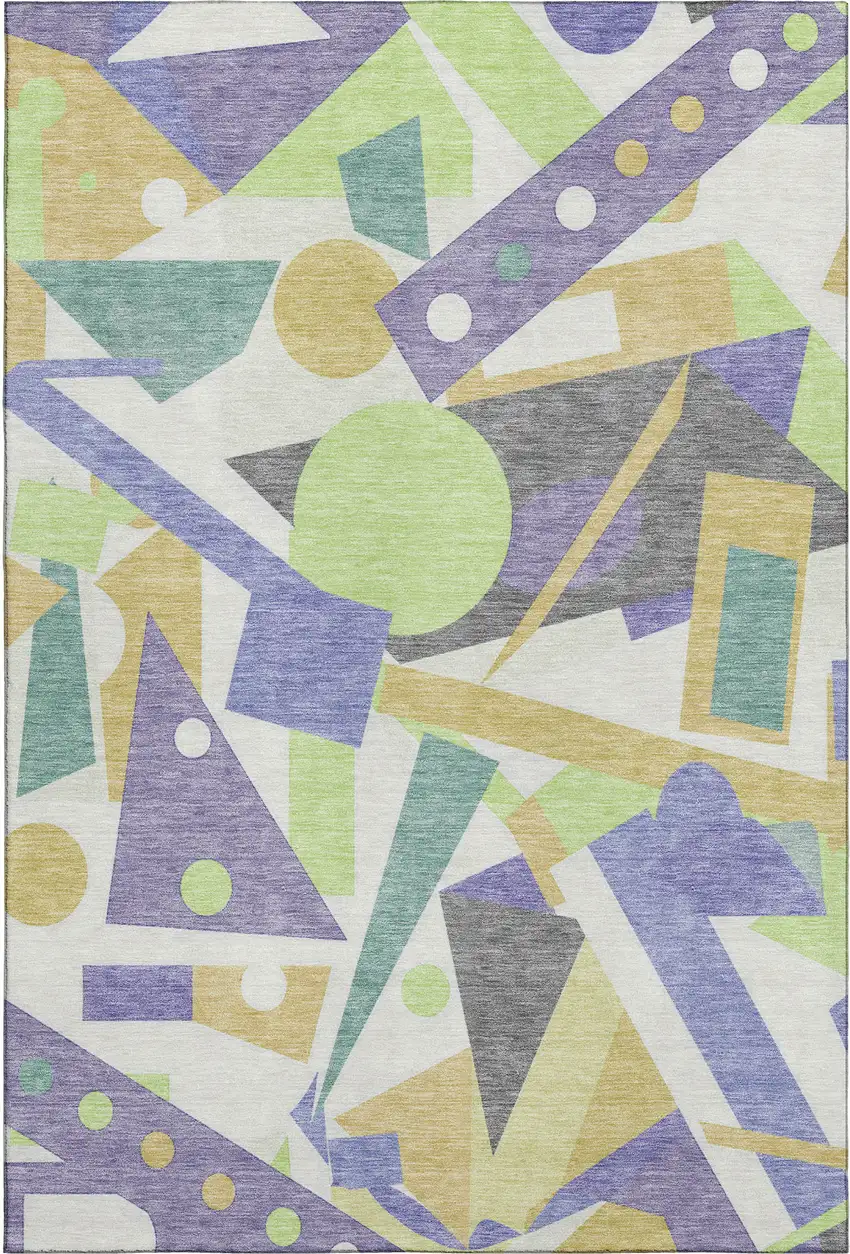 Lavender Lime Green And Gold Geometric Washable Area Rug With UV Protection Photo 1