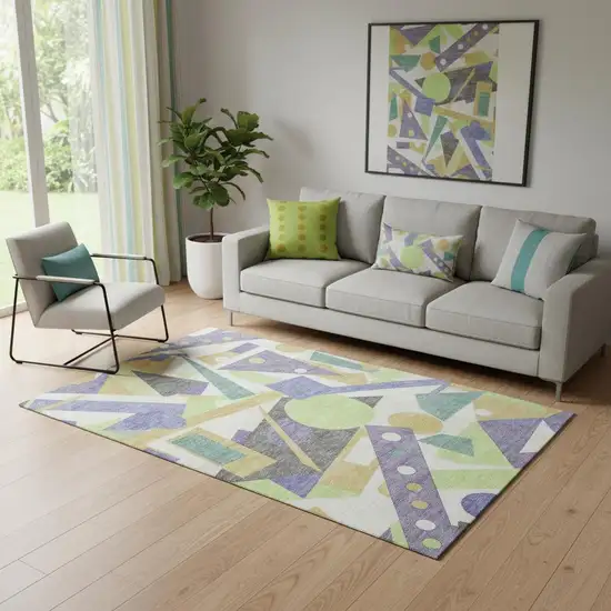 Lavender Lime Green And Gold Geometric Washable Area Rug With UV Protection Photo 2