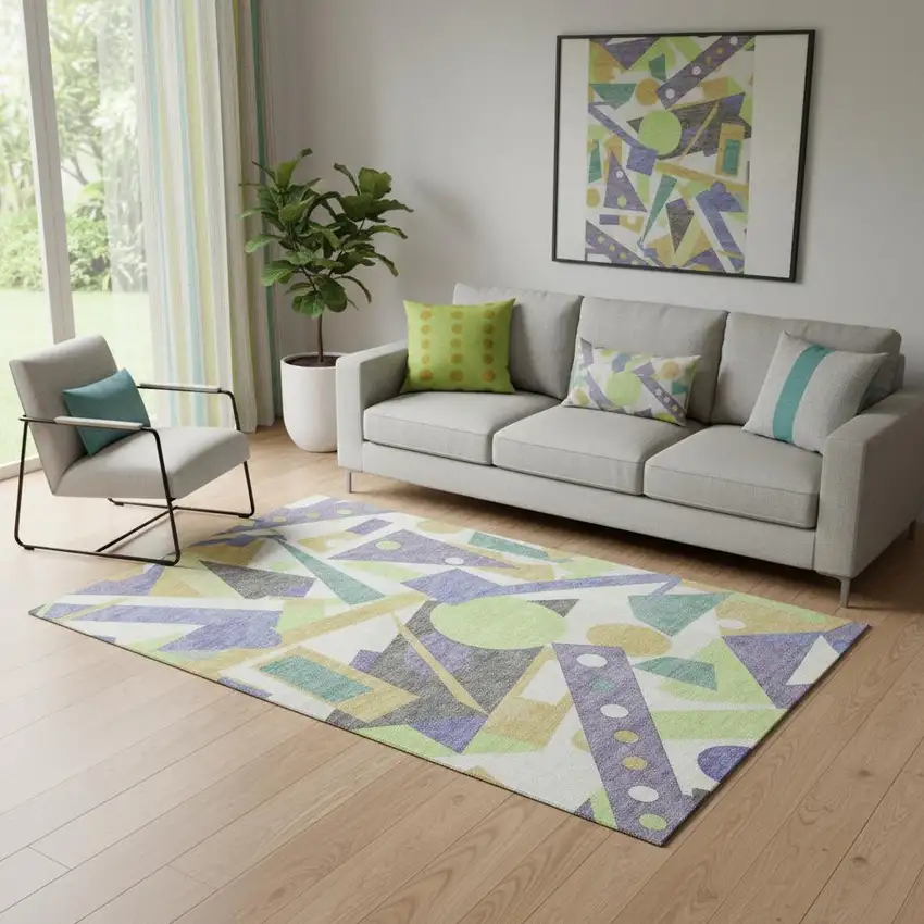 Lavender Lime Green And Gold Geometric Washable Area Rug With UV Protection Photo 2