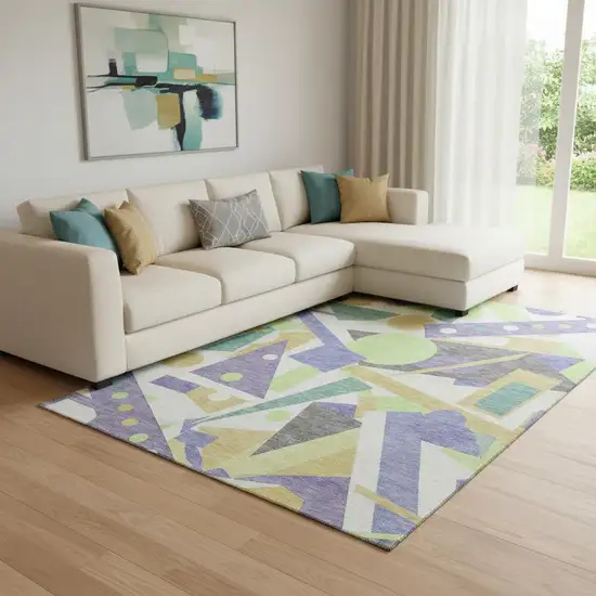Lavender Lime Green And Gold Geometric Washable Area Rug With UV Protection Photo 2