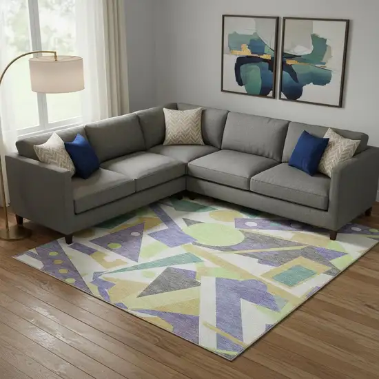 Lavender Lime Green And Gold Geometric Washable Area Rug With UV Protection Photo 2