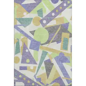 Photo of Lavender Lime Green And Gold Geometric Washable Area Rug With UV Protection