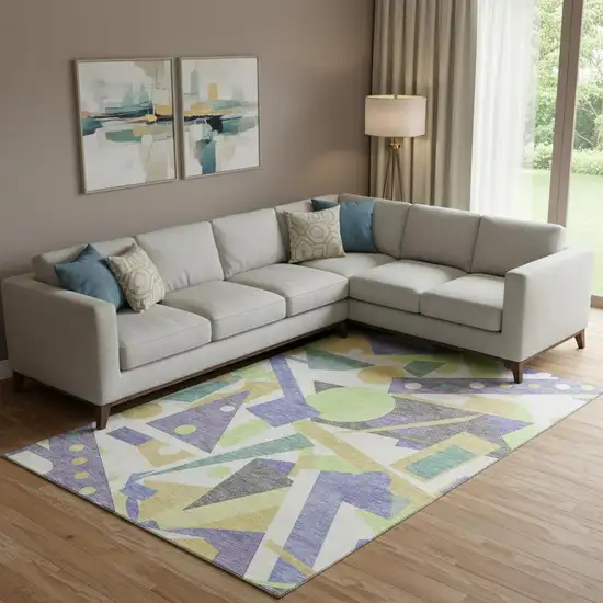 Lavender Lime Green And Gold Geometric Washable Area Rug With UV Protection Photo 2