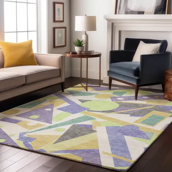 Lavender Lime Green And Gold Geometric Washable Area Rug With UV Protection Photo 4