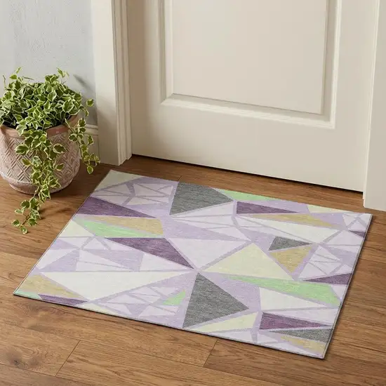 Lavender Lime Green And Ivory Geometric Washable Area Rug With UV Protection Photo 1