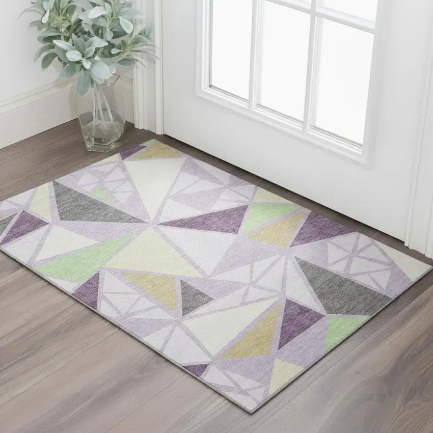 Lavender Lime Green And Ivory Geometric Washable Area Rug With UV Protection Photo 2