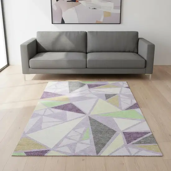 Lavender Lime Green And Ivory Geometric Washable Area Rug With UV Protection Photo 2