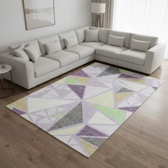 Lavender Lime Green And Ivory Geometric Washable Area Rug With UV Protection Photo 2