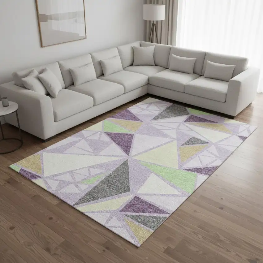 Lavender Lime Green And Ivory Geometric Washable Area Rug With UV Protection Photo 2