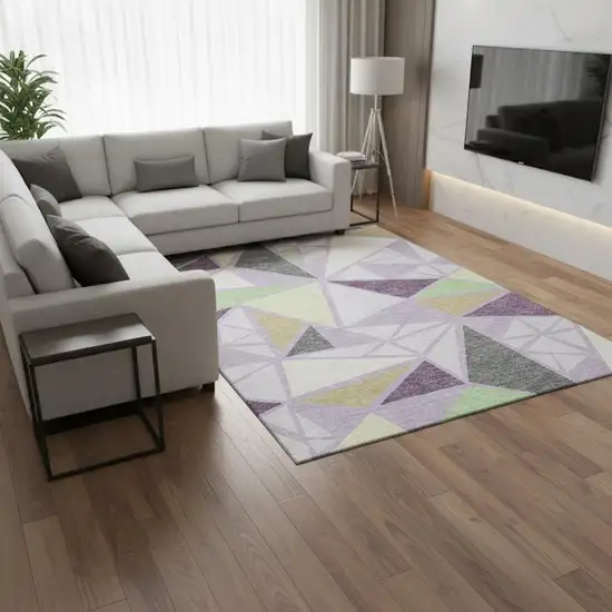 Lavender Lime Green And Ivory Geometric Washable Area Rug With UV Protection Photo 2