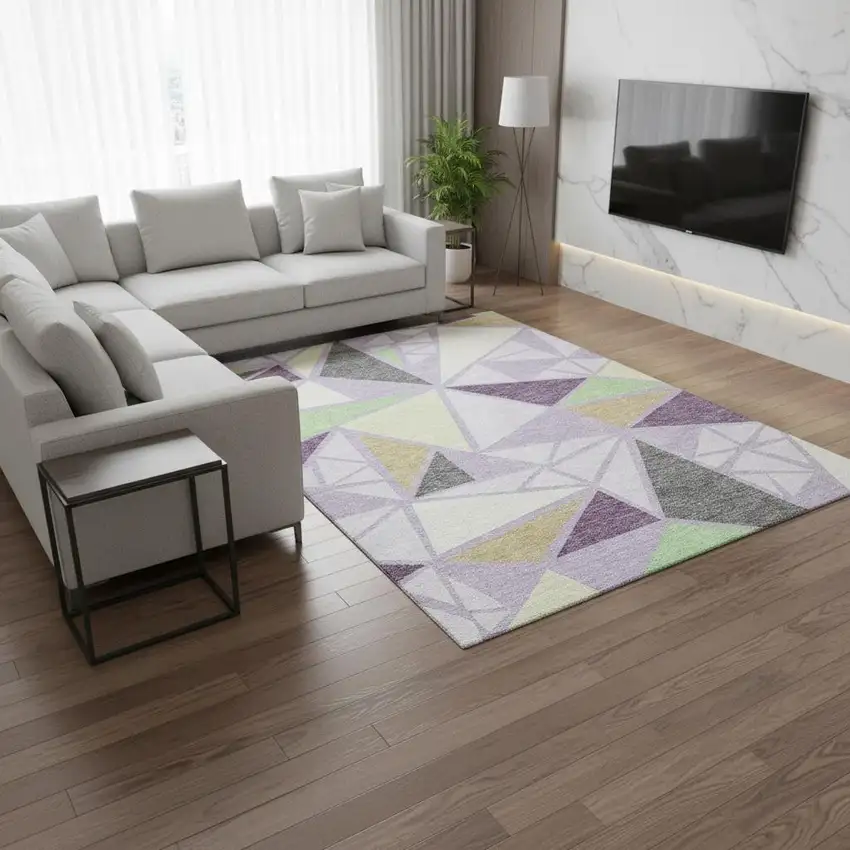 Lavender Lime Green And Ivory Geometric Washable Area Rug With UV Protection Photo 2