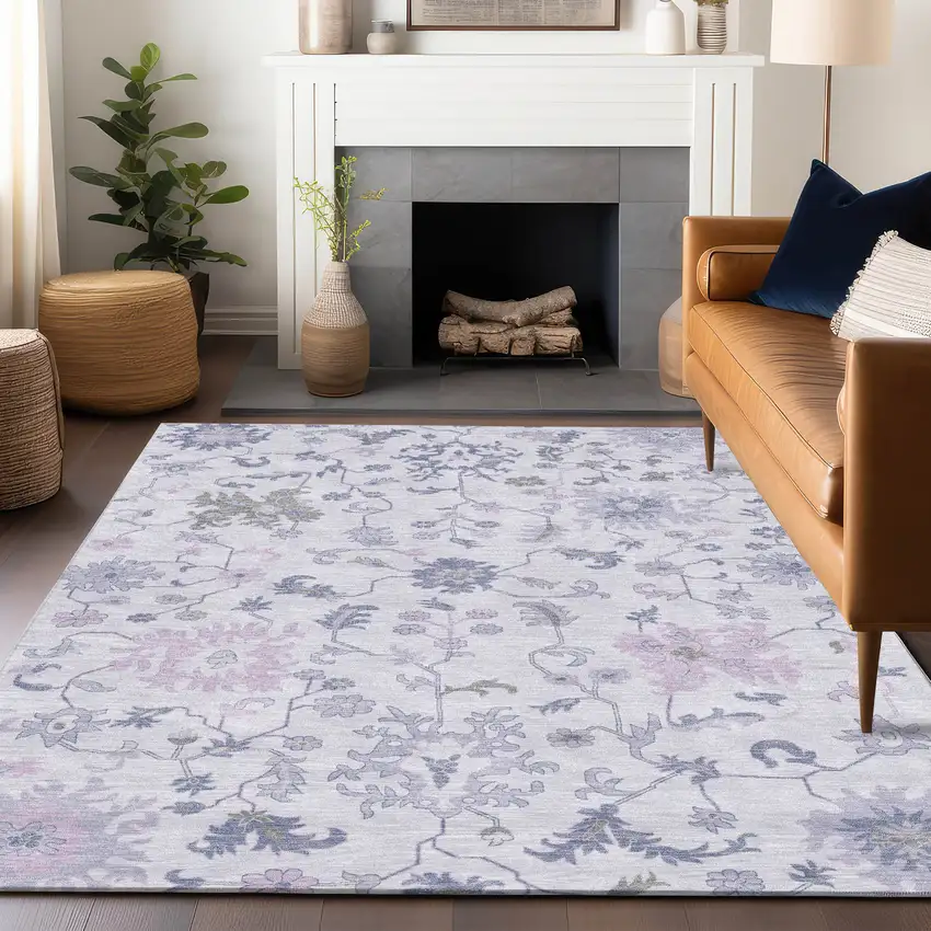 Lavender Mauve And Gray Floral Washable Indoor Outdoor Area Rug Photo 5