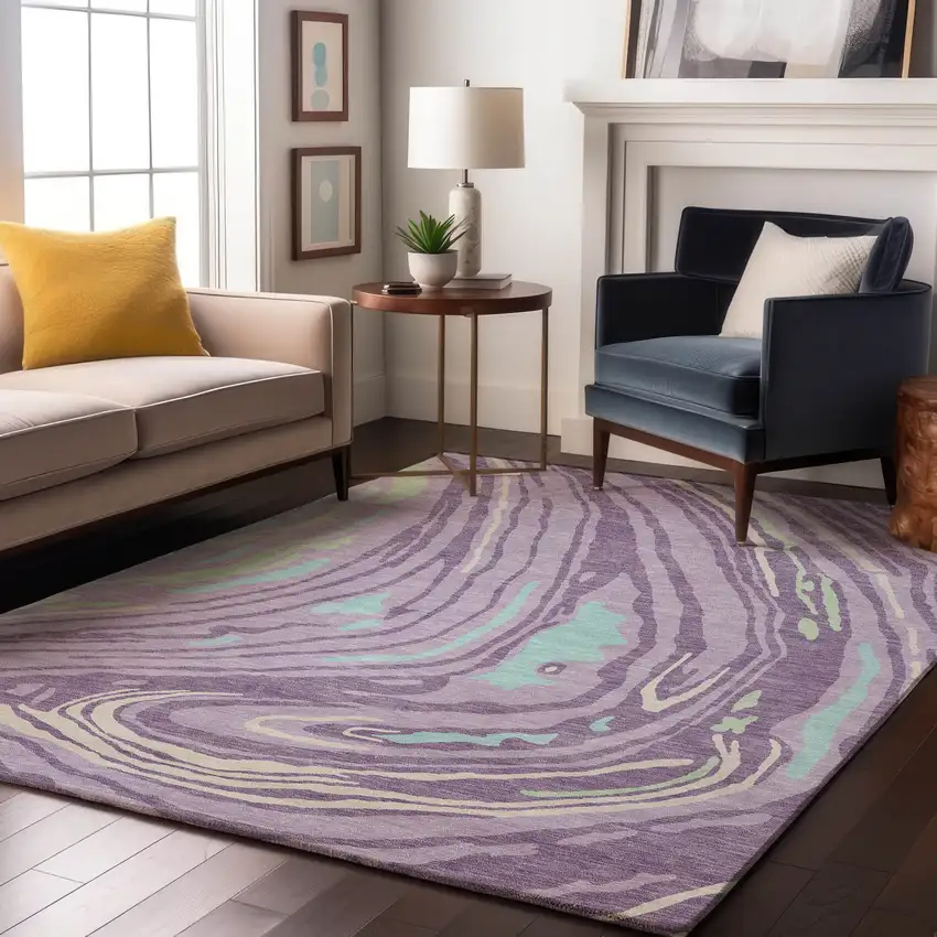 Lavender Mint Green And Sky Blue Abstract Washable Area Rug With UV Protection Photo 4