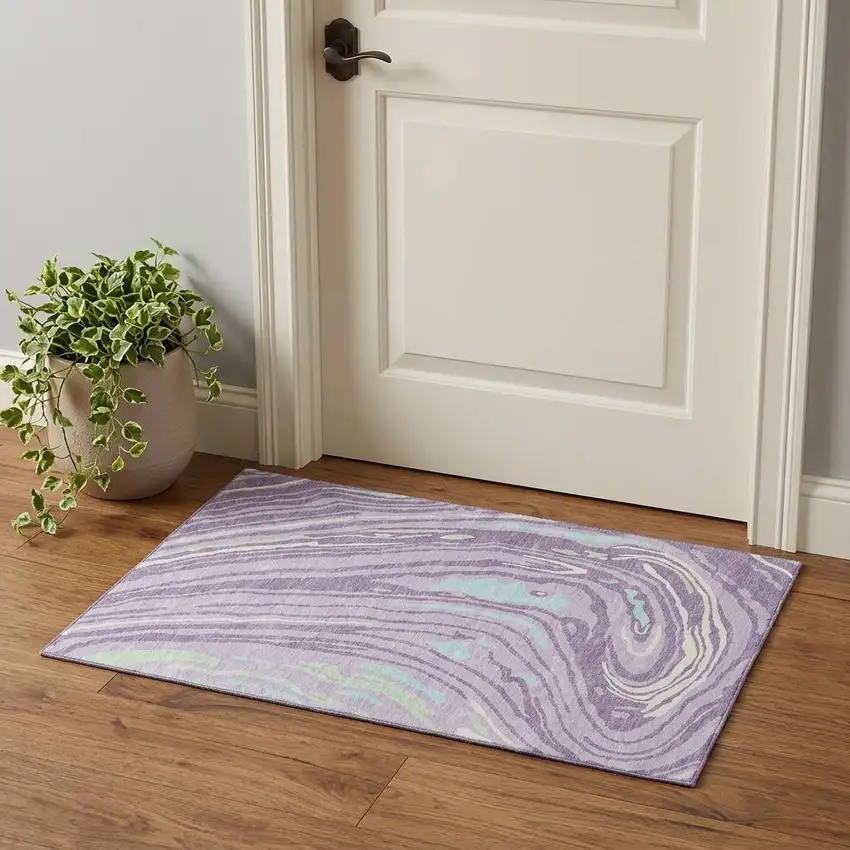 Lavender Mint Green And Sky Blue Abstract Washable Area Rug With UV Protection Photo 1