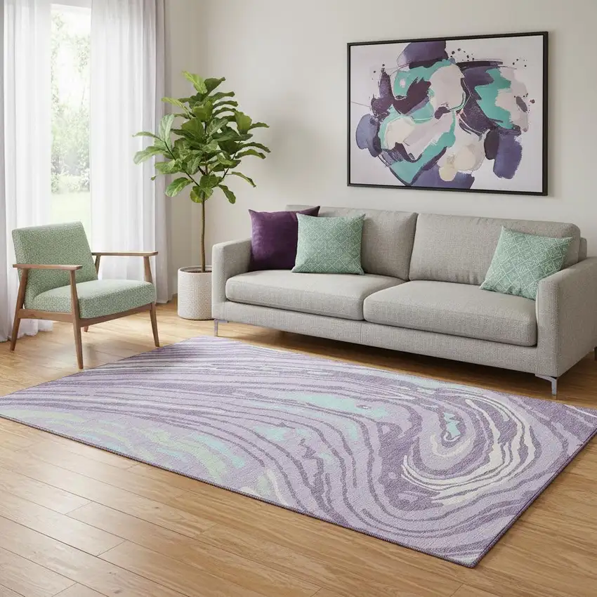 Lavender Mint Green And Sky Blue Abstract Washable Area Rug With UV Protection Photo 2