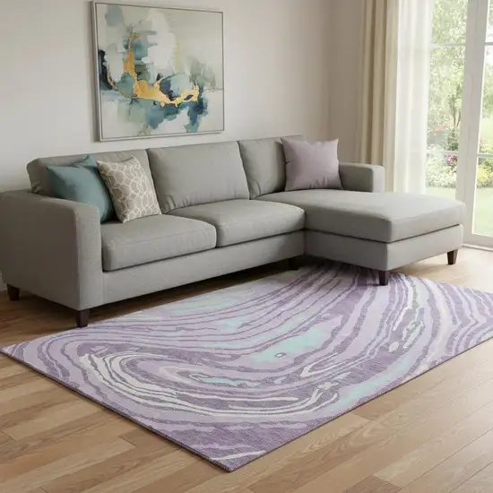 Lavender Mint Green And Sky Blue Abstract Washable Area Rug With UV Protection Photo 2