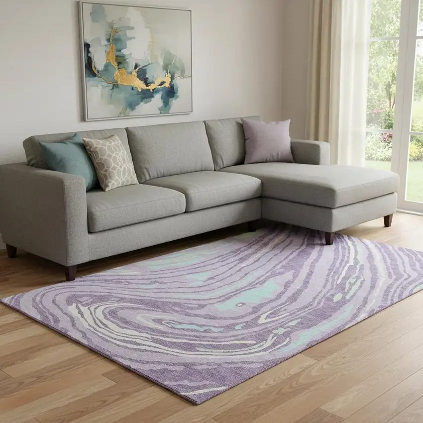 Lavender Mint Green And Sky Blue Abstract Washable Area Rug With UV Protection Photo 2