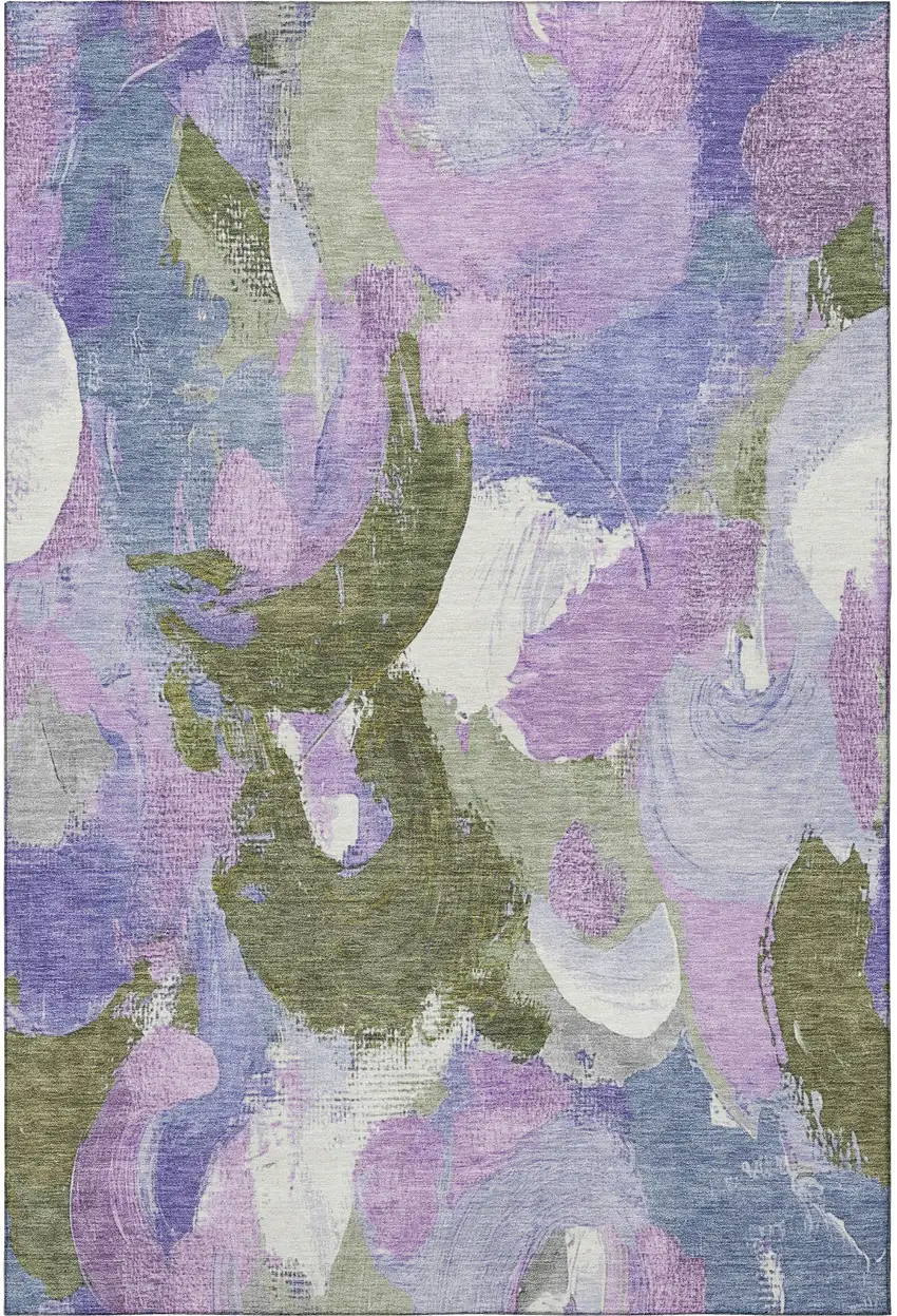 Lavender Olive Green And Ivory Abstract Washable Area Rug With UV Protection Photo 3