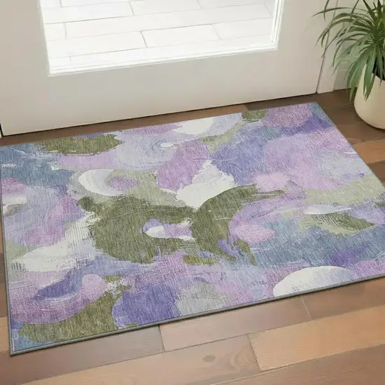 Lavender Olive Green And Ivory Abstract Washable Area Rug With UV Protection Photo 2