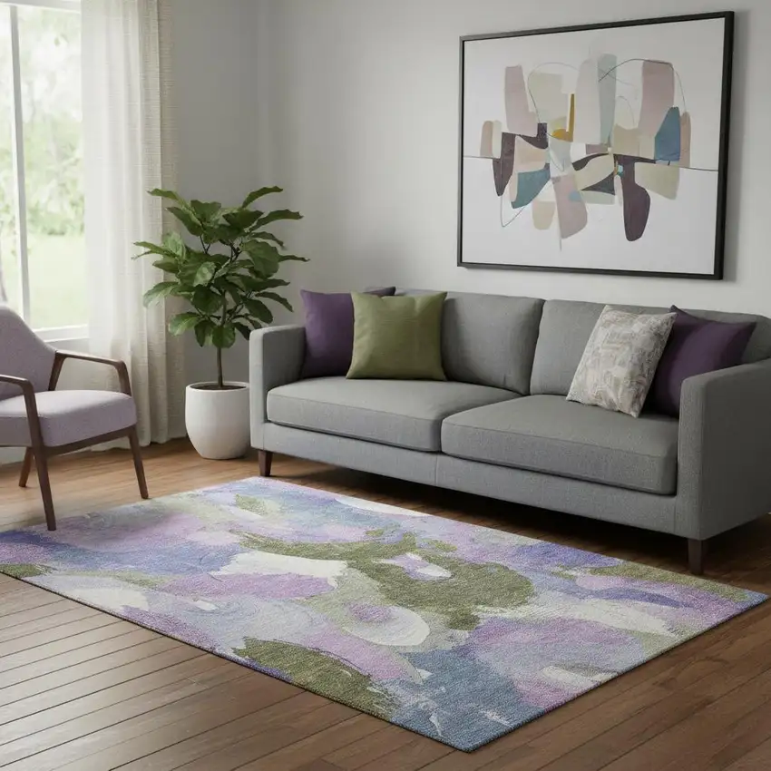 Lavender Olive Green And Ivory Abstract Washable Area Rug With UV Protection Photo 2