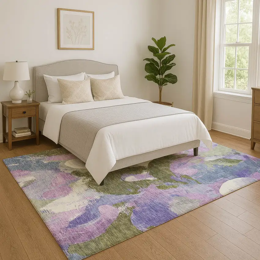 Lavender Olive Green And Ivory Abstract Washable Area Rug With UV Protection Photo 5