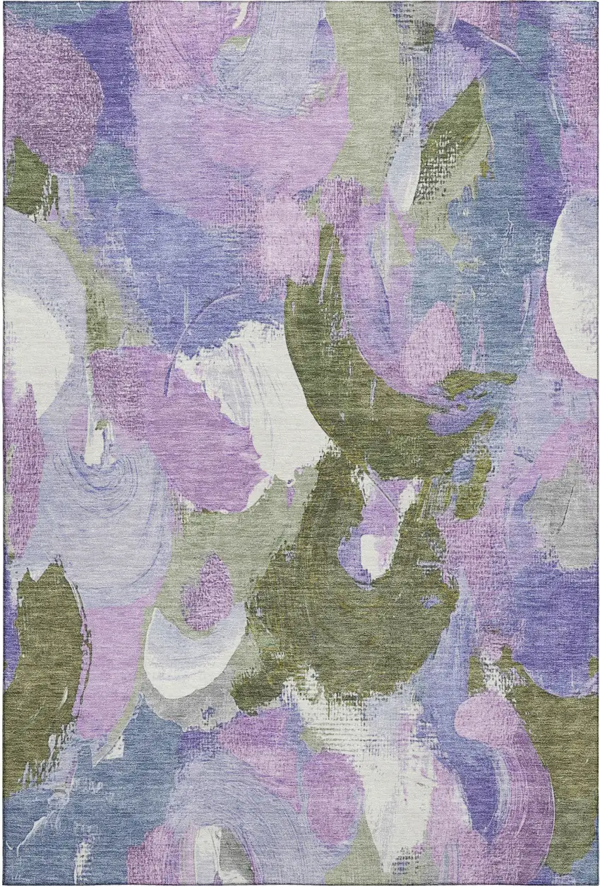Lavender Olive Green And Ivory Abstract Washable Area Rug With UV Protection Photo 1