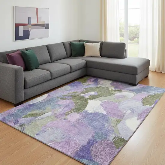 Lavender Olive Green And Ivory Abstract Washable Area Rug With UV Protection Photo 2