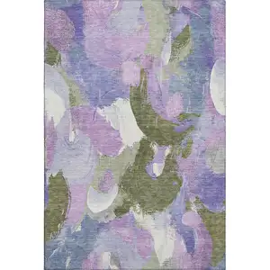 Photo of Lavender Olive Green And Ivory Abstract Washable Area Rug With UV Protection