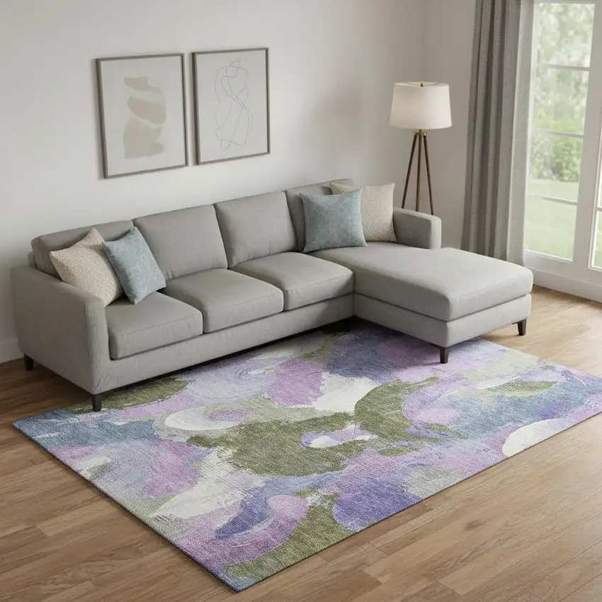 Lavender Olive Green And Ivory Abstract Washable Area Rug With UV Protection Photo 2