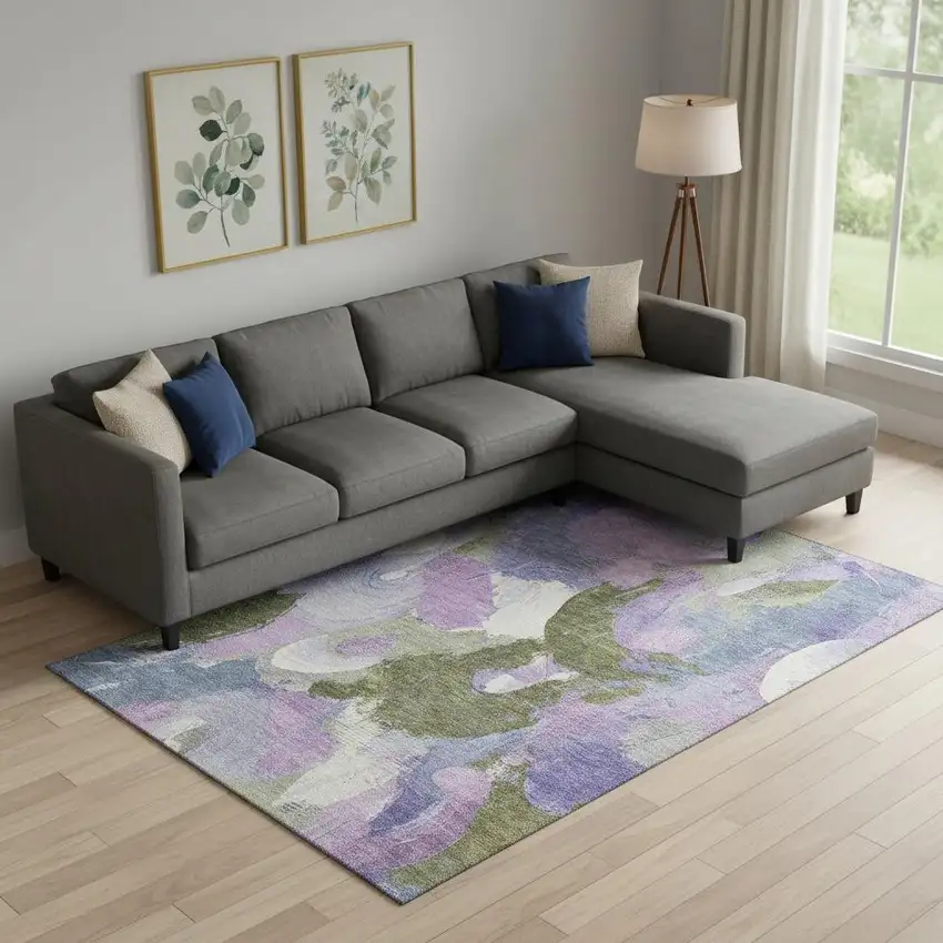 Lavender Olive Green And Ivory Abstract Washable Area Rug With UV Protection Photo 2