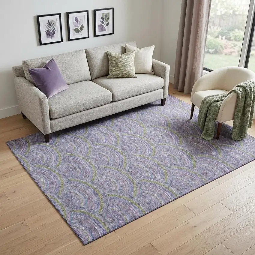 Lavender Olive Green And Ivory Geometric Washable Area Rug With UV Protection Photo 1
