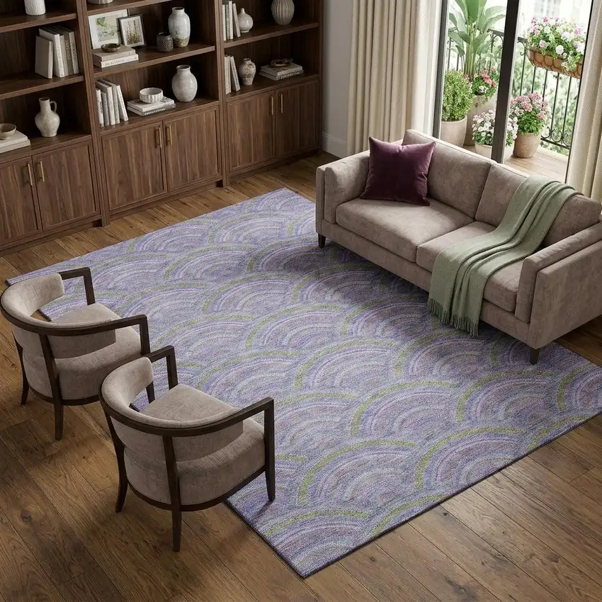 Lavender Olive Green And Ivory Geometric Washable Area Rug With UV Protection Photo 1