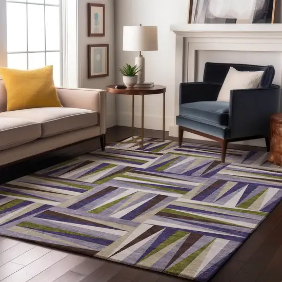 Lavender Olive Green And Ivory Geometric Washable Area Rug With UV Protection Photo 4