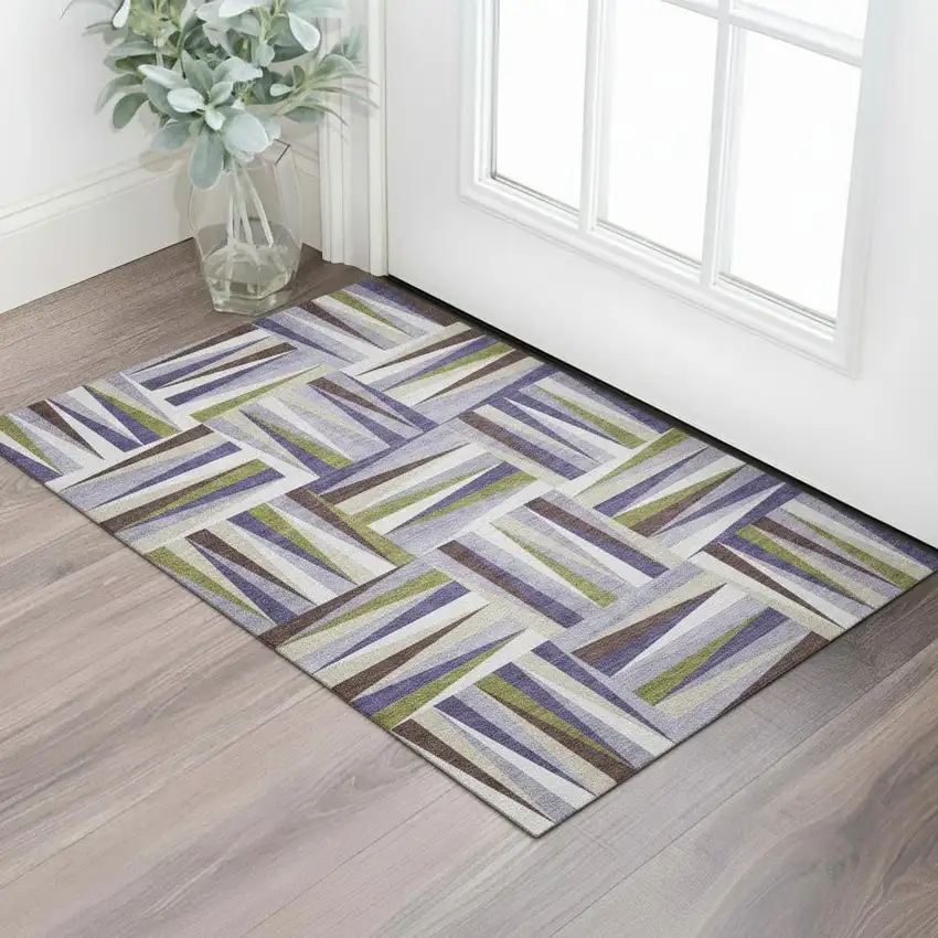 Lavender Olive Green And Ivory Geometric Washable Area Rug With UV Protection Photo 2
