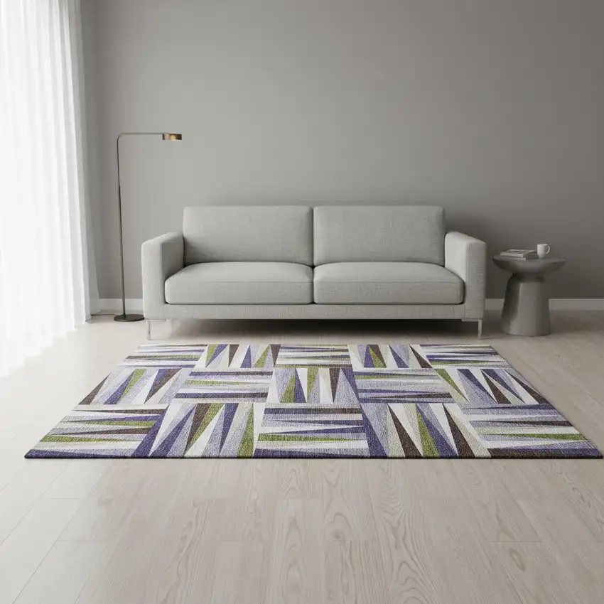 Lavender Olive Green And Ivory Geometric Washable Area Rug With UV Protection Photo 2