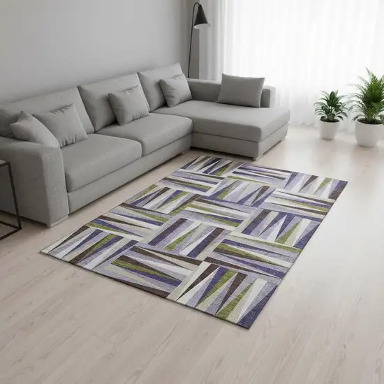 Lavender Olive Green And Ivory Geometric Washable Area Rug With UV Protection Photo 2