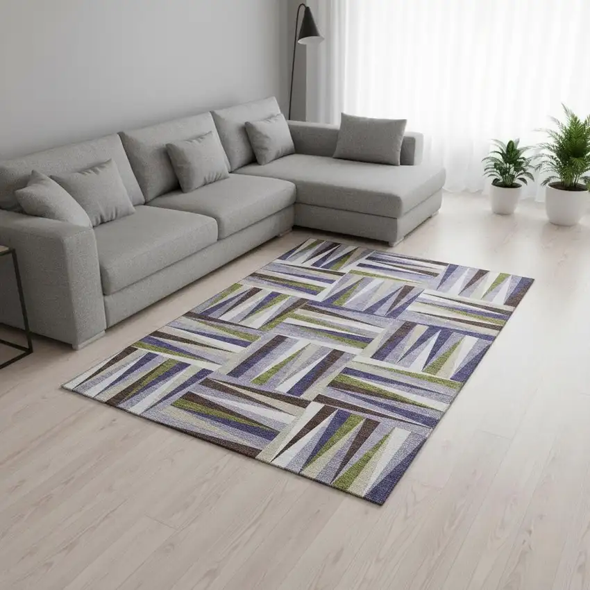 Lavender Olive Green And Ivory Geometric Washable Area Rug With UV Protection Photo 2