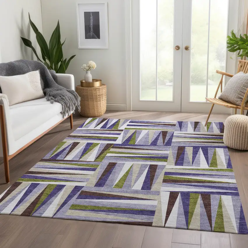 Lavender Olive Green And Ivory Geometric Washable Area Rug With UV Protection Photo 5