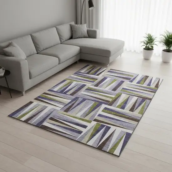 Lavender Olive Green And Ivory Geometric Washable Area Rug With UV Protection Photo 2
