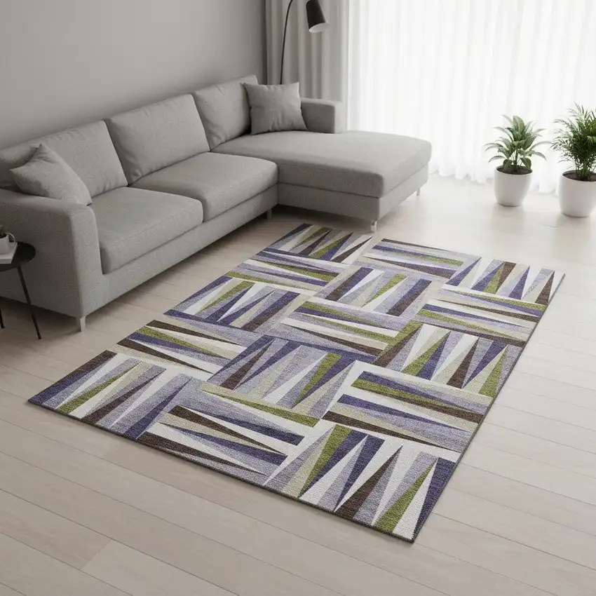 Lavender Olive Green And Ivory Geometric Washable Area Rug With UV Protection Photo 2