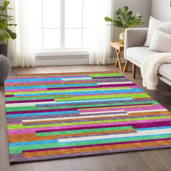 Lavender Orange And Lime Green Striped Washable Area Rug With UV Protection Photo 4