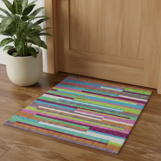 Lavender Orange And Lime Green Striped Washable Area Rug With UV Protection Photo 1