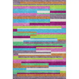Photo of Lavender Orange And Lime Green Striped Washable Area Rug With UV Protection