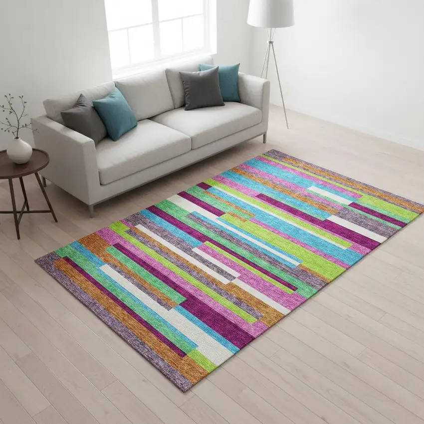 Lavender Orange And Lime Green Striped Washable Area Rug With UV Protection Photo 2