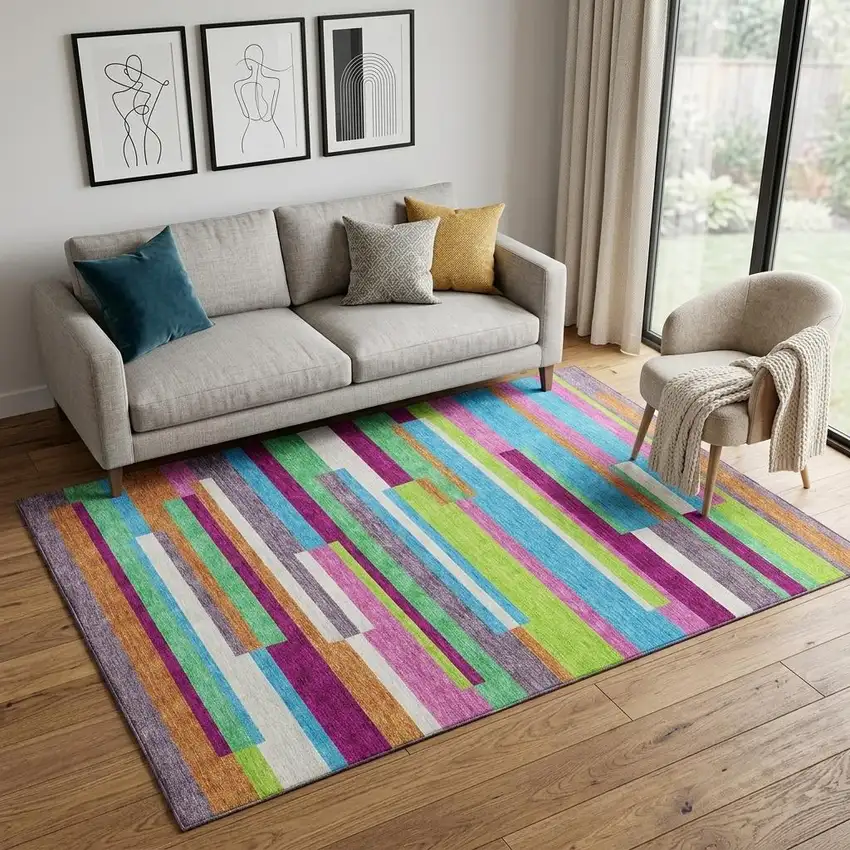 Lavender Orange And Lime Green Striped Washable Area Rug With UV Protection Photo 1