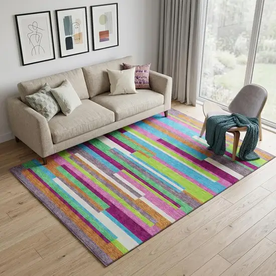Lavender Orange And Lime Green Striped Washable Area Rug With UV Protection Photo 1