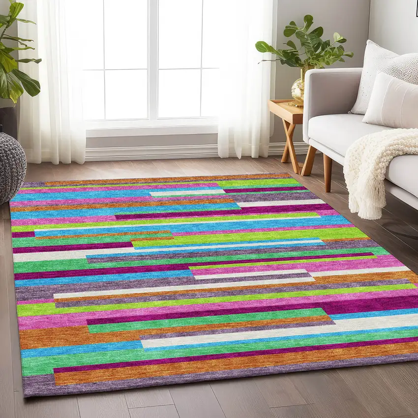 Lavender Orange And Lime Green Striped Washable Area Rug With UV Protection Photo 4